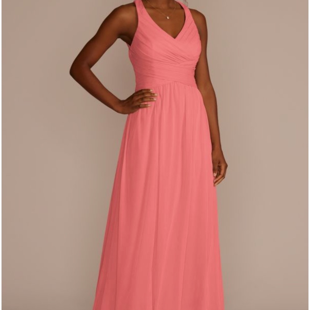 David's Bridal Coral Reef (pink) Mesh Long Bridesmaid Dress with Crisscross Back